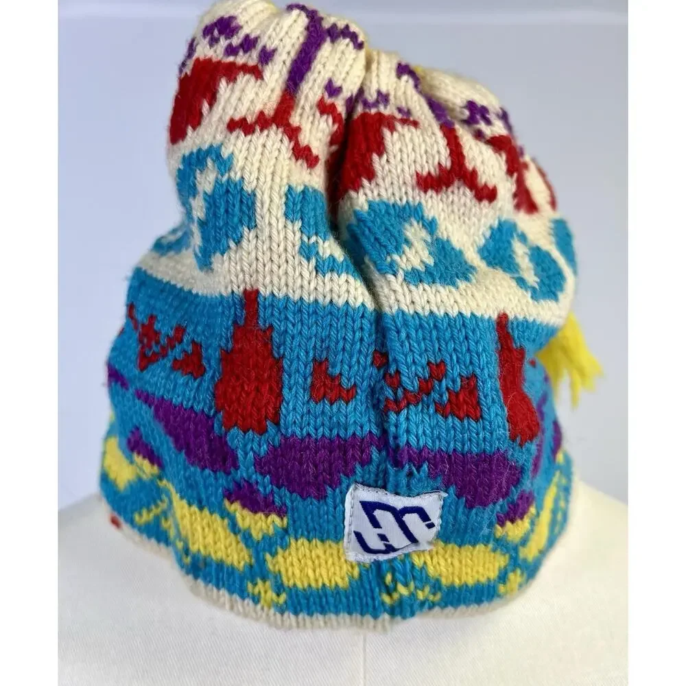 Vtg Murray Merkley Hand Knit Wool Ski Hat 80s Bright Resort Mountain - Picture 2 of 6